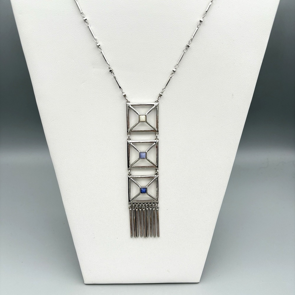 WHBM Necklace Silver Tone Art Deco Style Quartz Fringe 36"